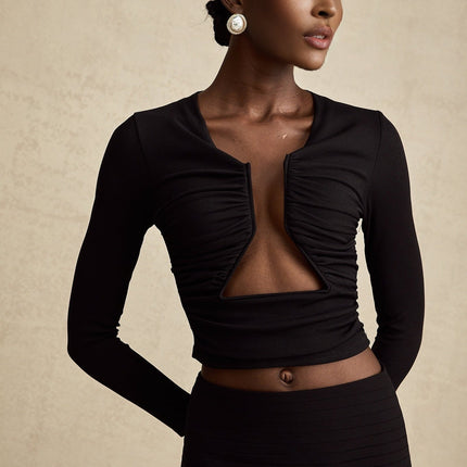 Alexa Black Boned V-Neck Top Cotton Terylene Blend