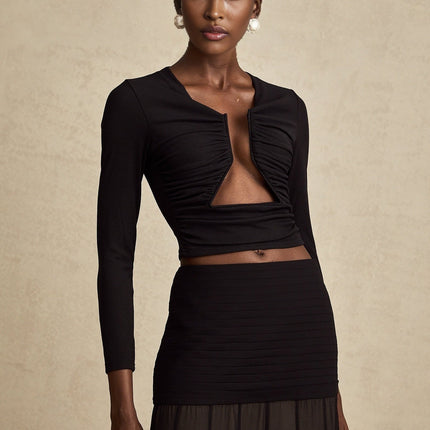 Alexa Black Boned V-Neck Top Cotton Terylene Blend