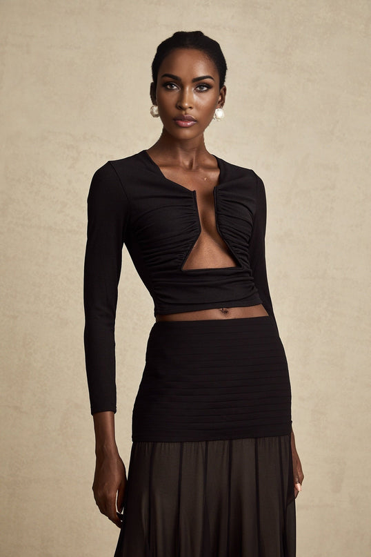 Alexa Black Boned V-Neck Top Cotton Terylene Blend