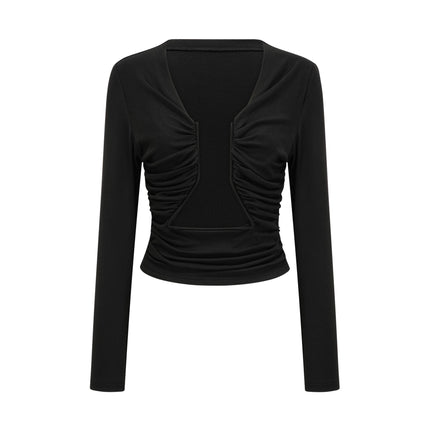 Alexa Black Boned V-Neck Top Cotton Terylene Blend Gathered Pleat Detailing