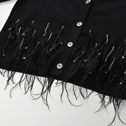 Alexa Black Knit Cardigan Feather Detailing Buttons Fall Winter Casual Semi-Formal