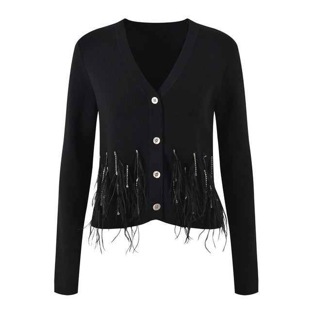 Alexa Black Knit Feather Detail Cardigan