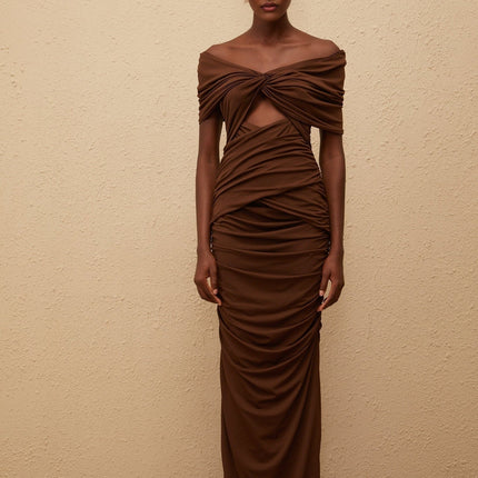 Alexa Brown Maxi Dress with Off-the-Shoulder Design and Ruched Detailing