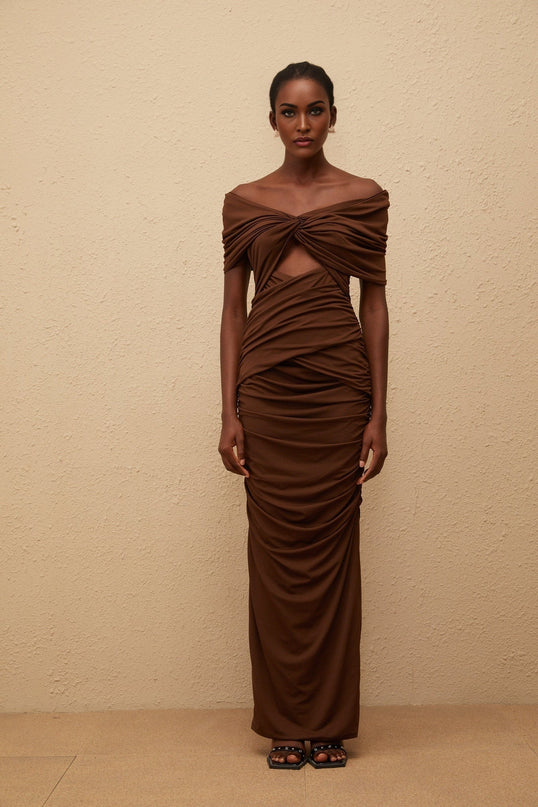 Alexa Brown Maxi Dress with Off-the-Shoulder Design and Ruched Detailing
