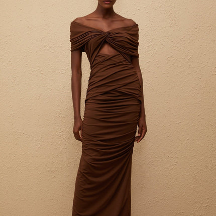 Alexa Brown Maxi Dress off-the-shoulder cap sleeves ruched cut-out embellishments straight hem rear slit rear zip fastening Terylene fiber