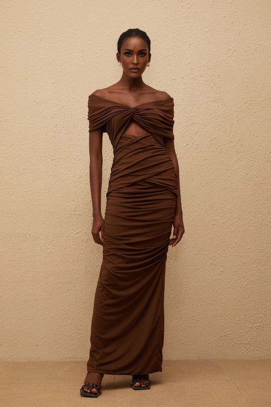 Alexa Brown Maxi Dress off-the-shoulder cap sleeves ruched cut-out embellishments straight hem rear slit rear zip fastening Terylene fiber