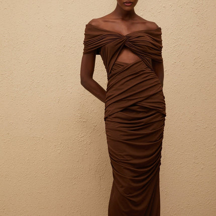 Alexa Brown Maxi Dress with Off-the-Shoulder Design and Ruched Detailing