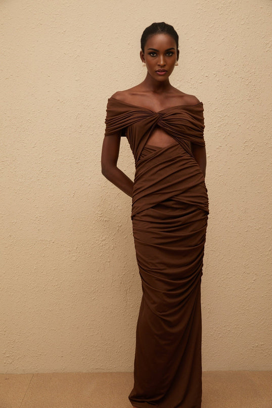 Alexa Brown Maxi Dress with Off-the-Shoulder Design and Ruched Detailing