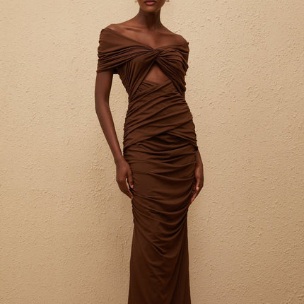Alexa Brown Maxi Dress with Off-the-Shoulder Design and Ruched Detailing
