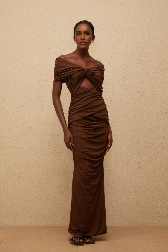 Alexa Brown Maxi Dress with Off-the-Shoulder Design and Ruched Detailing