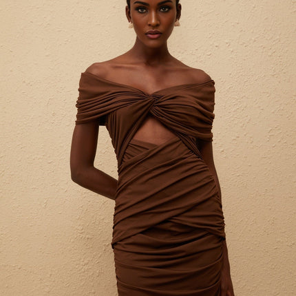 Alexa Brown Maxi Dress with Off-the-Shoulder Design and Ruched Detailing