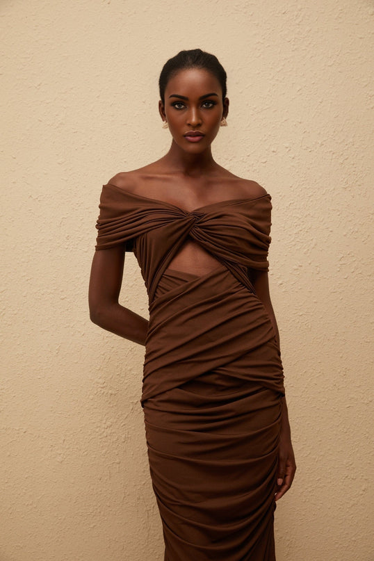 Alexa Brown Maxi Dress with Off-the-Shoulder Design and Ruched Detailing
