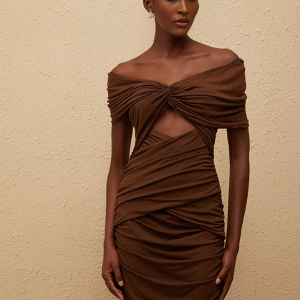 Alexa Brown Maxi Dress with Off-the-Shoulder Design and Ruched Detailing