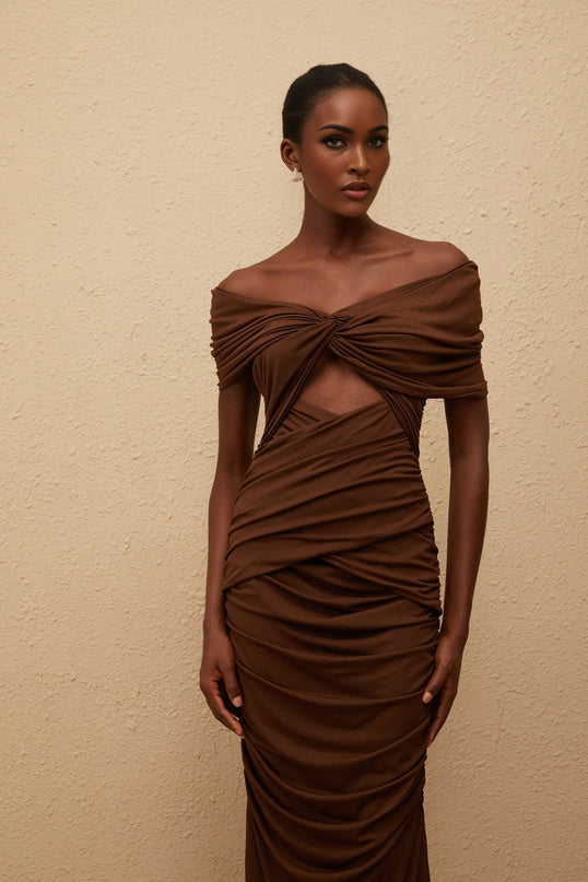 Alexa Brown Maxi Dress with Off-the-Shoulder Design and Ruched Detailing