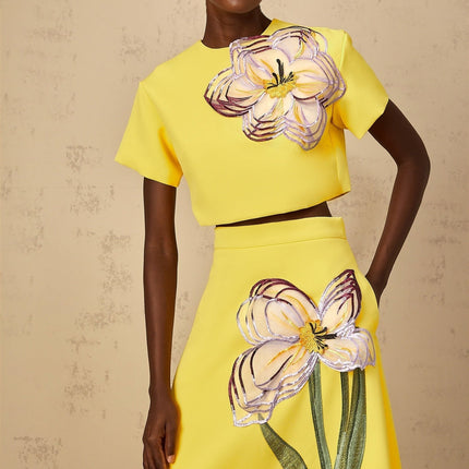 Alexa Yellow Floral Appliqué Top Skirt Set