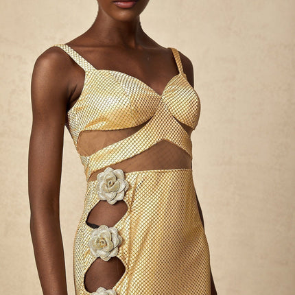Alexa Gold Maxi Dress with Floral Embellishments and Crystal Detailing