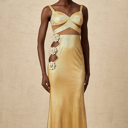 Alexa Gold Maxi Dress with Floral Embellishments and Crystal Detailing