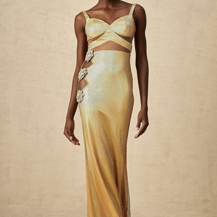 Alexa Gold Maxi Dress with Floral Embellishments and Crystal Detailing