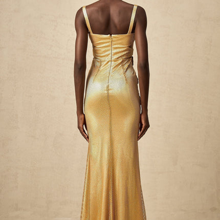 Alexa Gold Maxi Dress with Floral Embellishments and Crystal Detailing