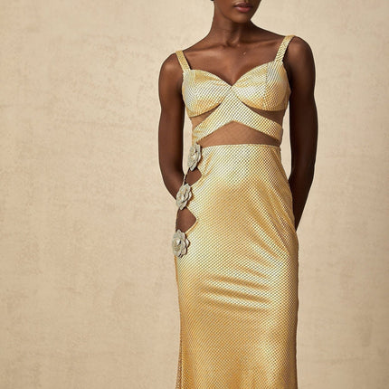 Alexa Gold Maxi Dress with Floral Embellishments and Crystal Detailing