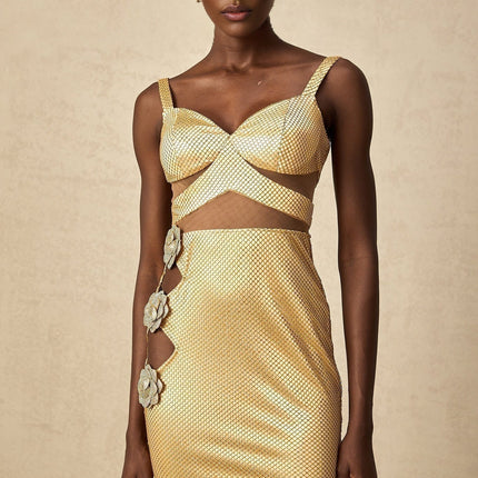 Alexa Gold Maxi Dress with Floral Embellishments and Crystal Detailing