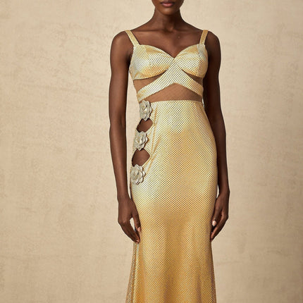 Alexa Gold Maxi Dress with Floral Embellishments and Crystal Detailing
