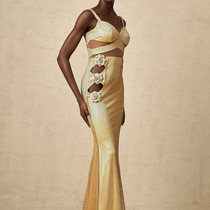 Alexa Gold Maxi Dress with Floral Embellishments and Crystal Detailing
