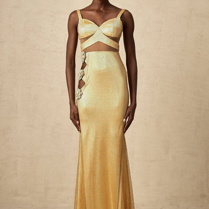 Alexa Gold Maxi Dress with Floral Embellishments and Crystal Detailing