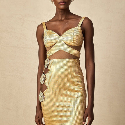 Alexa Gold Maxi Dress with Floral Embellishments and Crystal Detailing