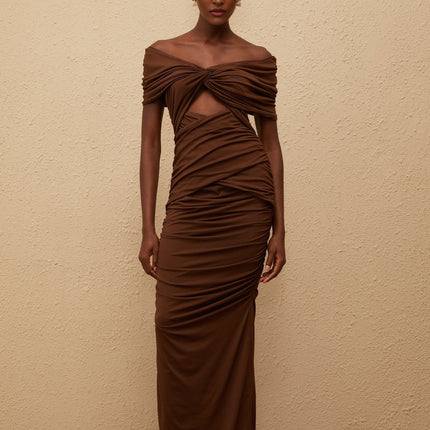 Alexa Maxi Dress Brown Knit Off Shoulder Cap Sleeve Ruched Cut Out Embellishments Straight Hem Rear Slit Zip Fastening Terylene Fiber
