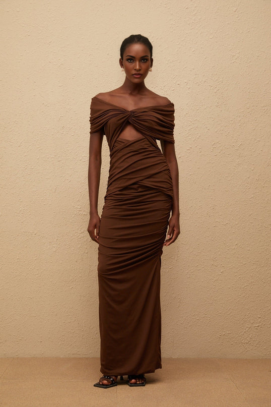 Alexa Maxi Dress Brown Knit Off Shoulder Cap Sleeve Ruched Cut Out Embellishments Straight Hem Rear Slit Zip Fastening Terylene Fiber