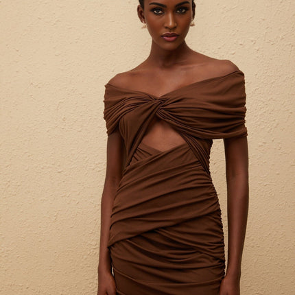 Alexa Maxi Dress Brown Knit Off-the-Shoulder Ruched Cut-Out Embellishments