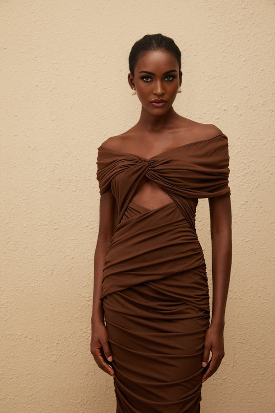 Alexa Maxi Dress Brown Knit Off-the-Shoulder Ruched Cut-Out Embellishments