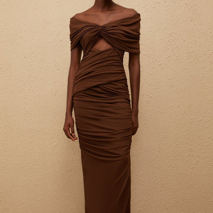 Alexa Maxi Dress Brown Knit Off-Shoulder Cap Sleeves Ruched Cut-Out Embellishments Straight Hem Rear Slit Rear Zip Fastening Terylene Fiber