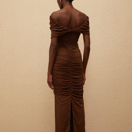 Alexa Maxi Dress Brown Knit Off-Shoulder Cap Sleeve Ruched Cut-Out Embellishments Straight Hem Rear Slit Rear Zip Terylene Fiber