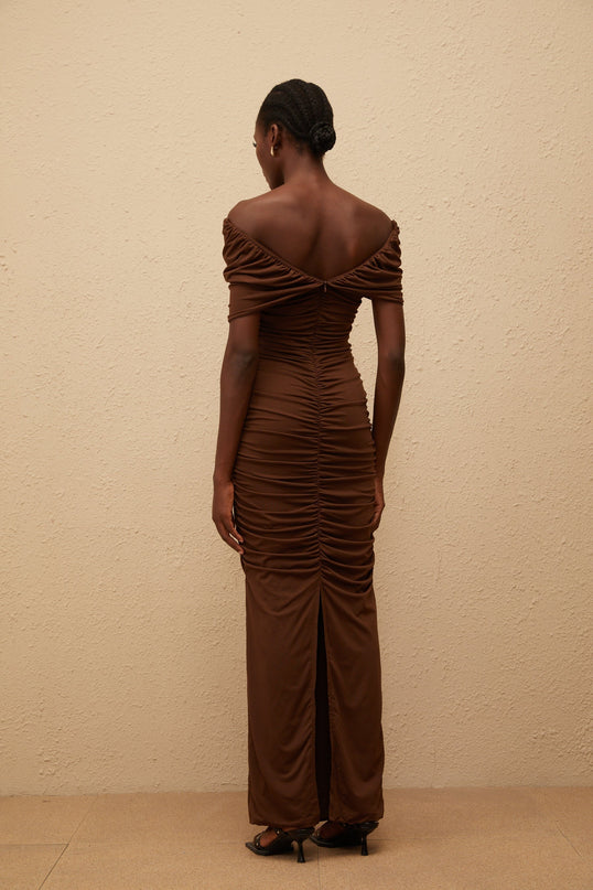 Alexa Maxi Dress Brown Knit Off-Shoulder Cap Sleeve Ruched Cut-Out Embellishments Straight Hem Rear Slit Rear Zip Terylene Fiber