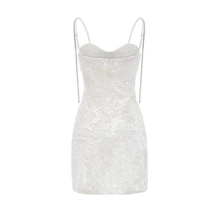 Alexa White Crystal Sequin Embellished Mini Dress with Faux-Flower Detailing and Sweetheart Neckline