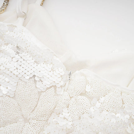 Alexa White Crystal Sequin Mini Dress with Spaghetti Straps and Sweetheart Neckline
