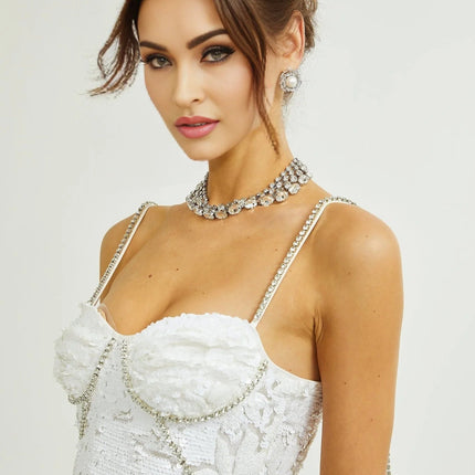 Alexa White Mini Dress Crystal Sequin Embellishments Faux-Flower Detailing Spaghetti Straps Sweetheart Neckline Bustier Style Elegance Rear Zip Fastening Thigh-Length Design Polyester Cotton Luxury Fashion Glamour