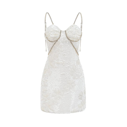 Alexa White Mini Dress Crystal Sequin Embellishments Faux-Flower Detailing Spaghetti Straps Sweetheart Neckline Bustier Style Rear Zip Fastening Thigh-Length Design Polyester Cotton Luxury Fashion Glamour