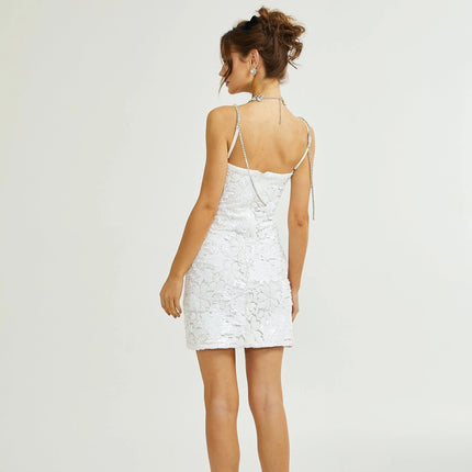 Alexa White Mini Dress with Crystal and Sequin Embellishments