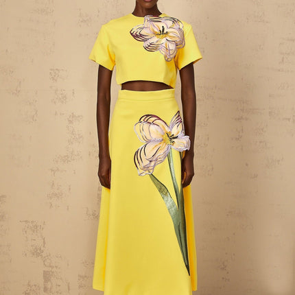 Alexa Yellow Floral Appliqué Top Skirt Set