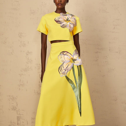 Alexa Yellow Floral Appliqué Top Skirt Set
