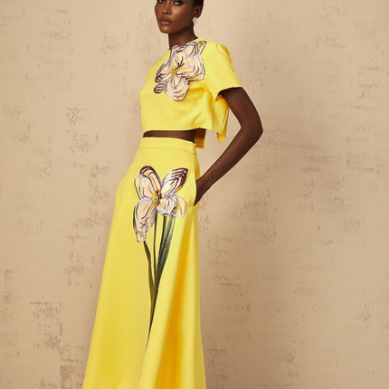 Alexa Yellow Floral Appliqué Top Skirt Set