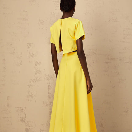 Alexa Yellow Floral Appliqué Top & Skirt Set Terylene Fiber Sequin Embellishments High-Rise Silhouette Side Slit Pockets Modern Sophistication Fashion-Forward Charm Grace Special Occasions Everyday Ensembles