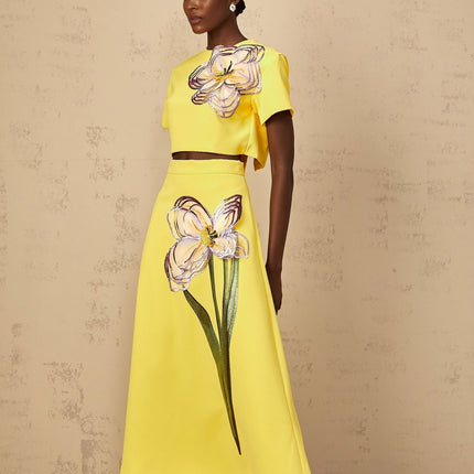 Alexa Yellow Floral Appliqué Top Skirt Set