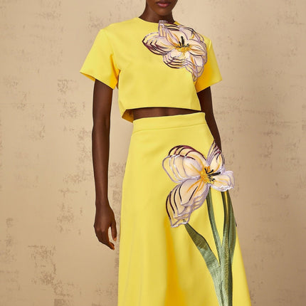 Alexa Yellow Floral Appliqué Top Skirt Set