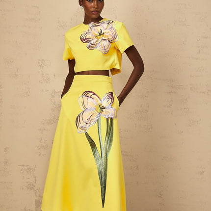 Alexa Yellow Floral Appliqué Top & Skirt Set Terylene Fiber Sequin Embellishments High-Rise Silhouette Side Slit Pockets Modern Sophistication Fashion-Forward Charm Grace Special Occasions Everyday Ensembles