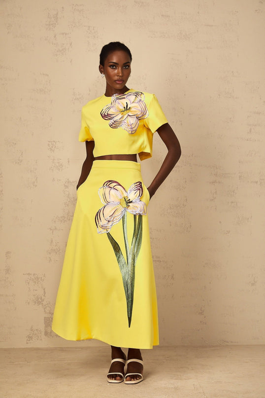 Alexa Yellow Floral Appliqué Top & Skirt Set Terylene Fiber Sequin Embellishments High-Rise Silhouette Side Slit Pockets Modern Sophistication Fashion-Forward Charm Grace Special Occasions Everyday Ensembles