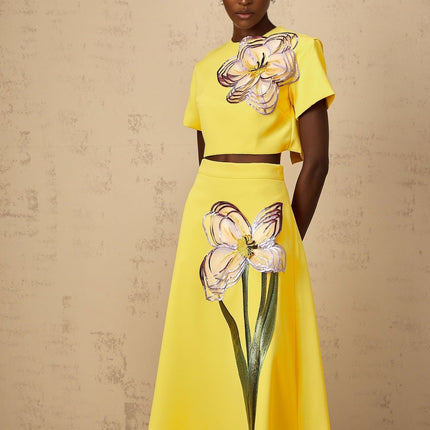Alexa Yellow Floral Appliqué Top & Skirt Set